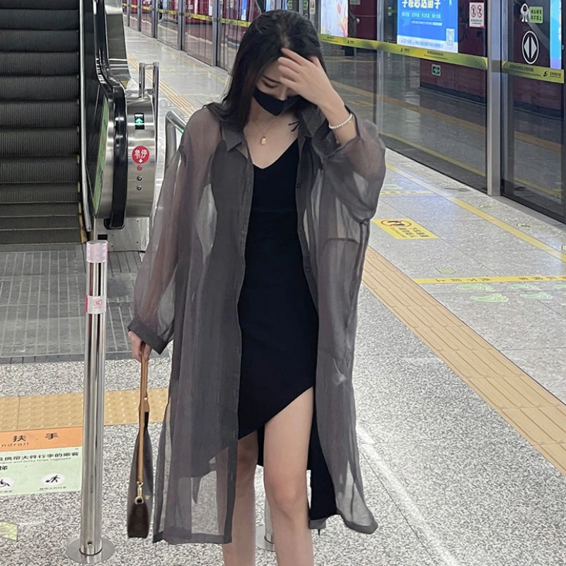 Summer Sunscreen Sheer Jackets Women Long Style Holiday Solid Chic Breathable Fashion Sun-proof Coats Korean Casual Soft Elegant