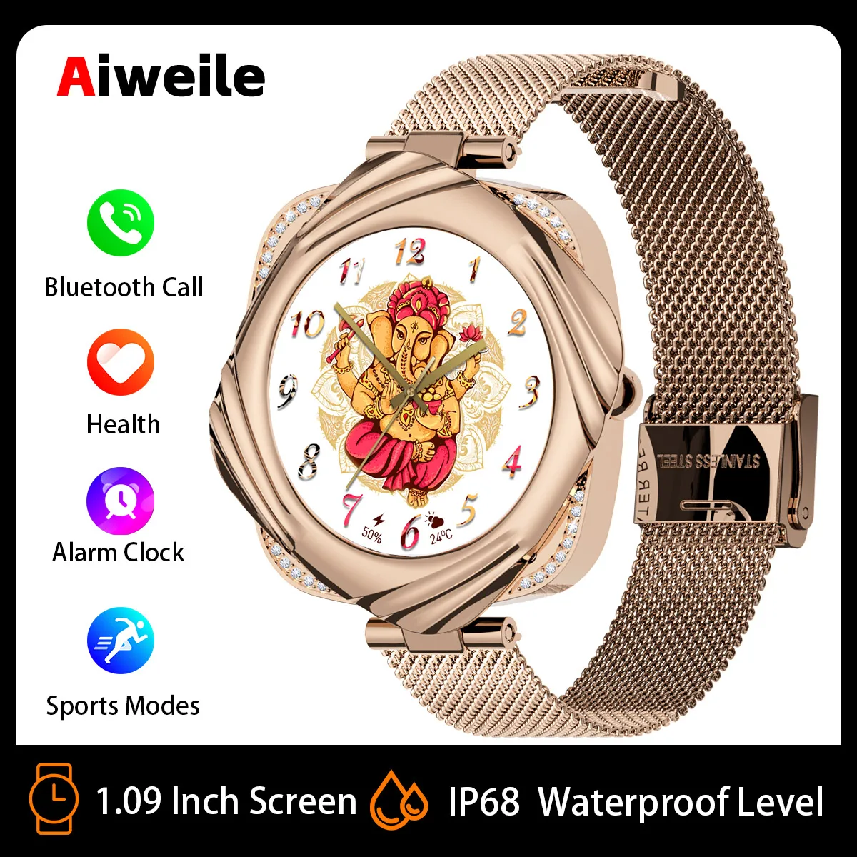 Smartwatch Ladies Women Fashion Aiweile AW5 Smart Watch Iphone Compatible Bluetooth Call Fitness Music Playback 1.09 Inch AMOLED