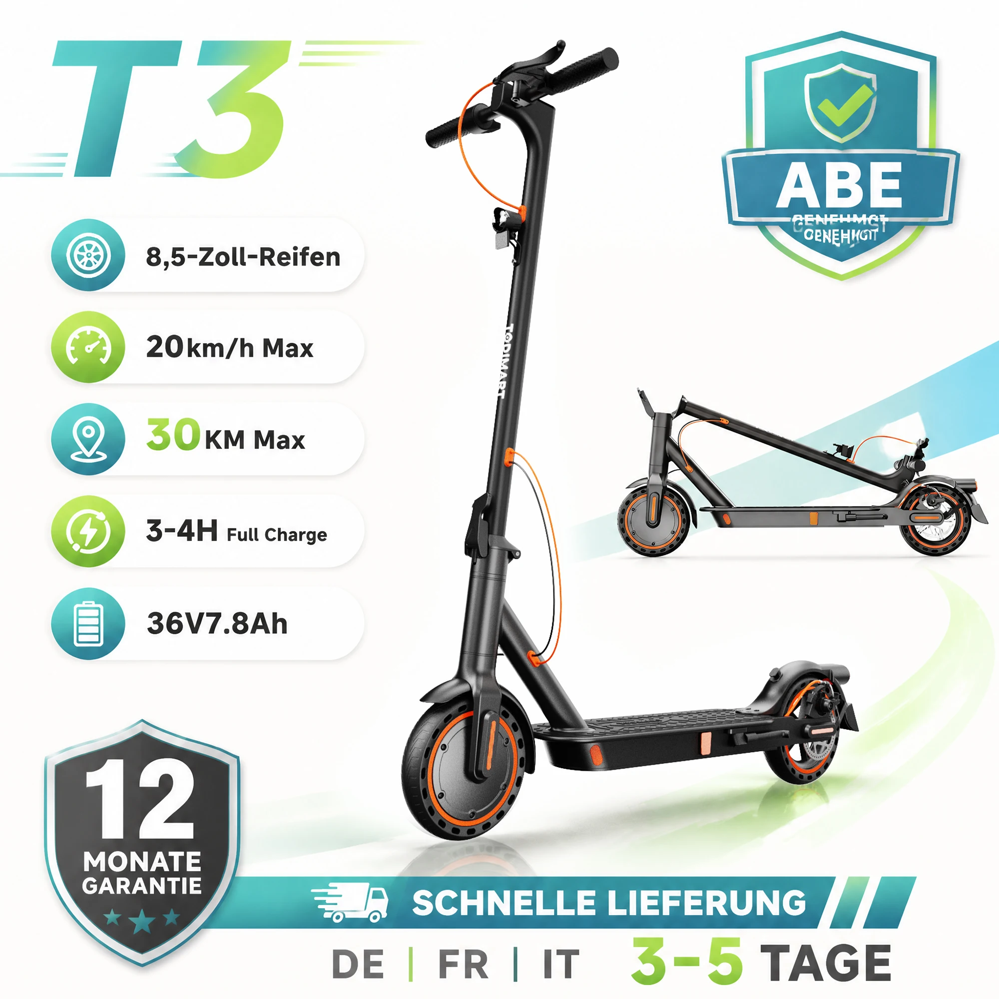 TODIMART T3 ABE E‑Scooter con omologazione stradale ABE, autonomia di 30 km, controllo tramite app, 20 km/h, pneumatici in gomma integrale da 8,5 pollici, monopattino elettrico pieghevole per adulti
