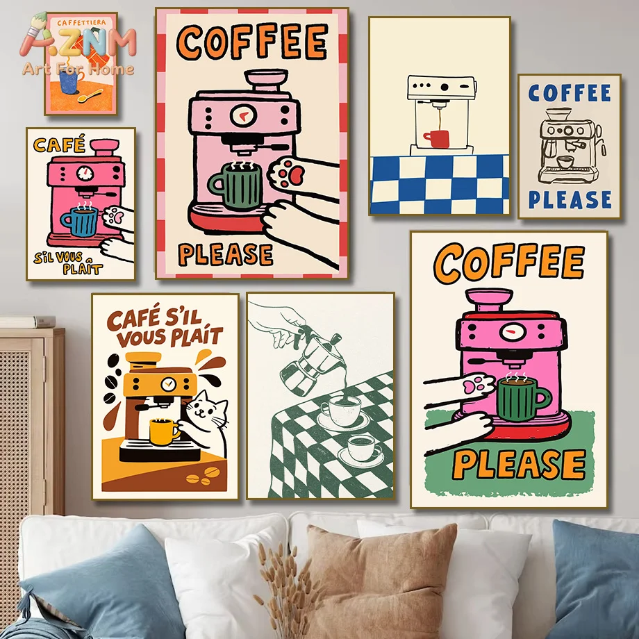 AZNM Retro Coffee Machine Canvas Wall Art Cute Cat Coffee Quote Print Trendy Cafe Kitchen Aesthetic Poster Unframed