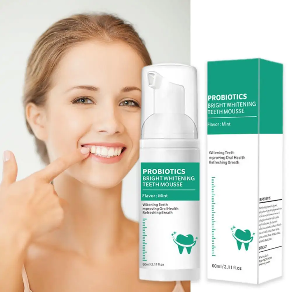 Dentes Whitening Toothpaste, Probióticos Mousse Care for Brightening Tooth, Reduzir Yellowing Oral Care, Y6T6, 60ml