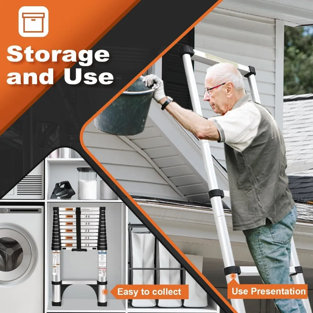 Aluminiowa drabina teleskopowa - 3,2 metra, mechanizm zwijania na przycisk, 2 stabilizatory trójkątne, uniwersalna do użytku domowego i pracowego