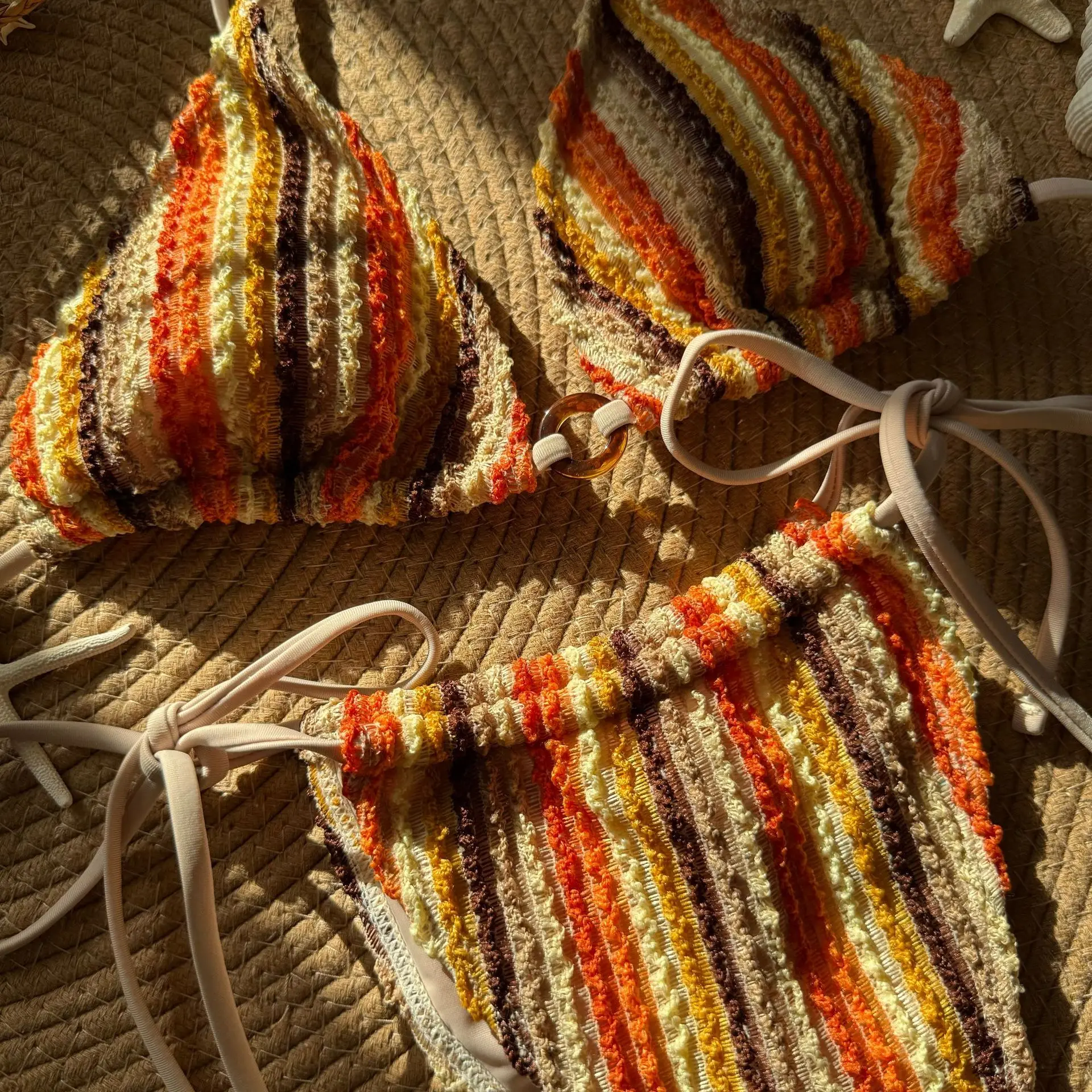 2025 ใหม่สีบล็อก jacquard ชุดว่ายน้ําสตรีสายรัดชายหาดบิกินี่ชุดว่ายน้ํา