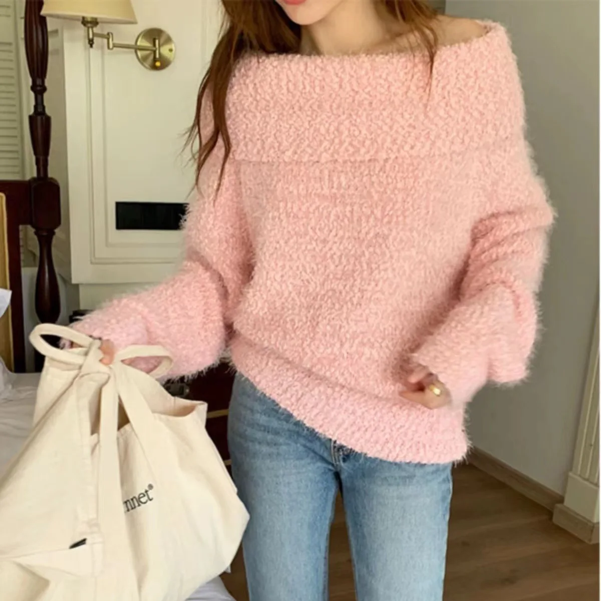 Korean Fashion Lazy Style Sexy Chic One-shoulder Pullover Sweater Autumn Winter Sweet Elegant Strapless Imitation Mink Kint Tops