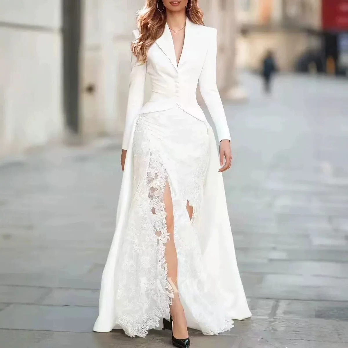 Women Sexy Dress Two Piece Sets Lace Hollow Out Spliced Long Dresses Full Sleeve Tight Waist Gown Evening Vestidos Party Prom