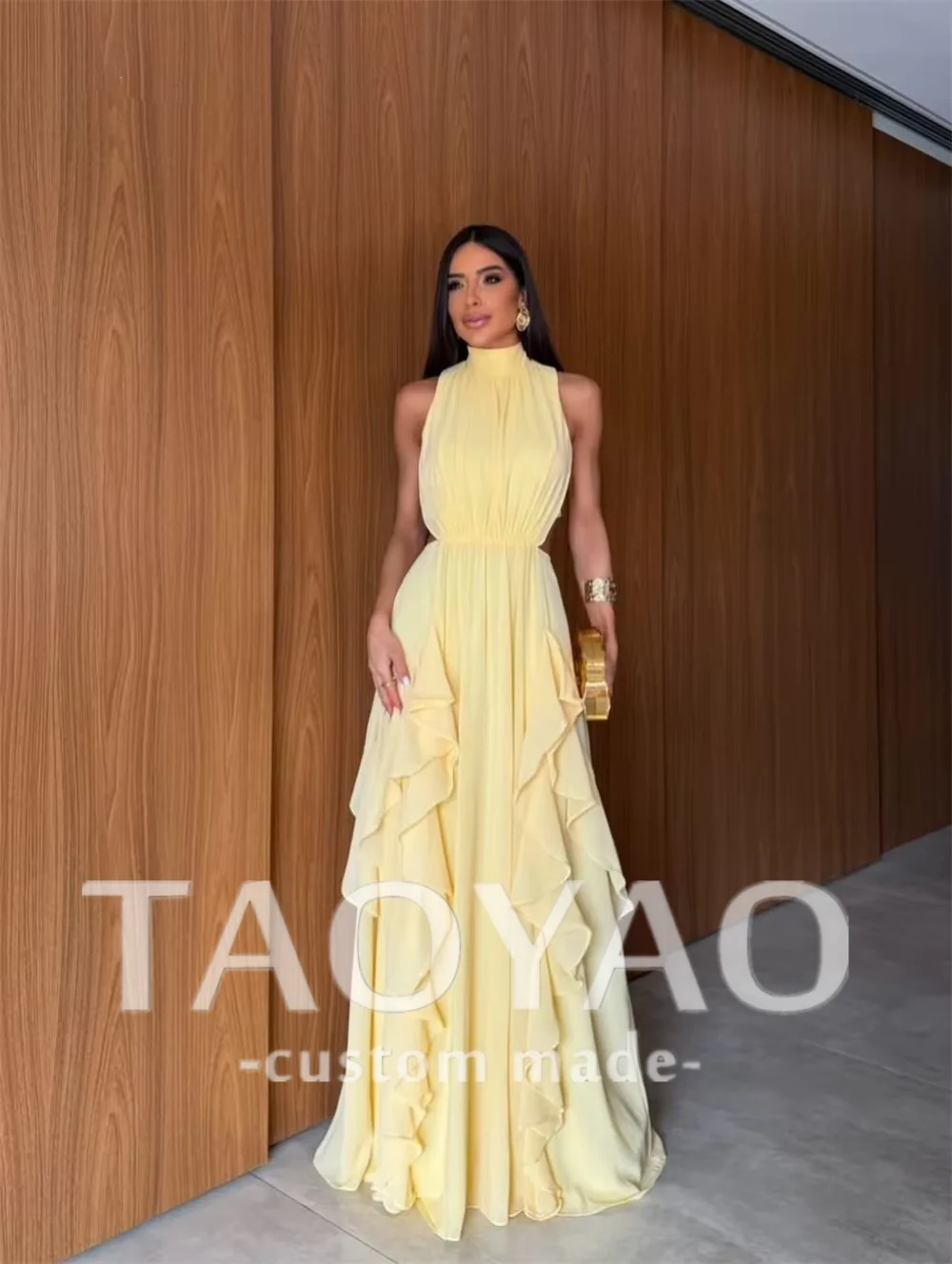 Elegant Yellow Chiffon Prom Gown High Neck A-line Sleeves Evening Formal Customized Floor-Length Party Dresses For Women