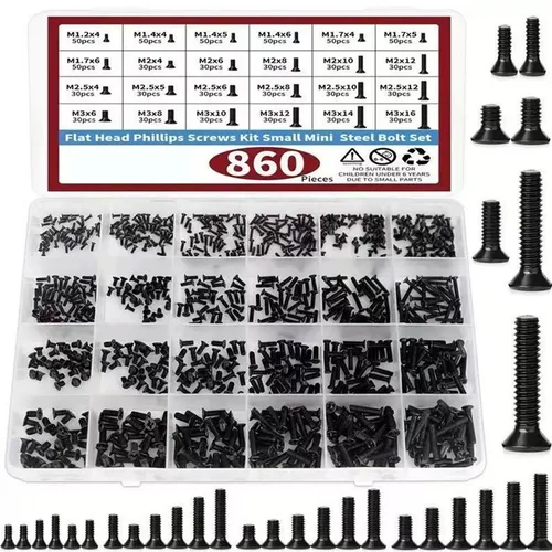 Kit surtido de tornillos para computadora pequeña de 860 piezas, tornillos para gafas pequeños negros M1.2 M1.4 M1.7 M2 M2.5 M3, disco duro SSD para PC y portátil C