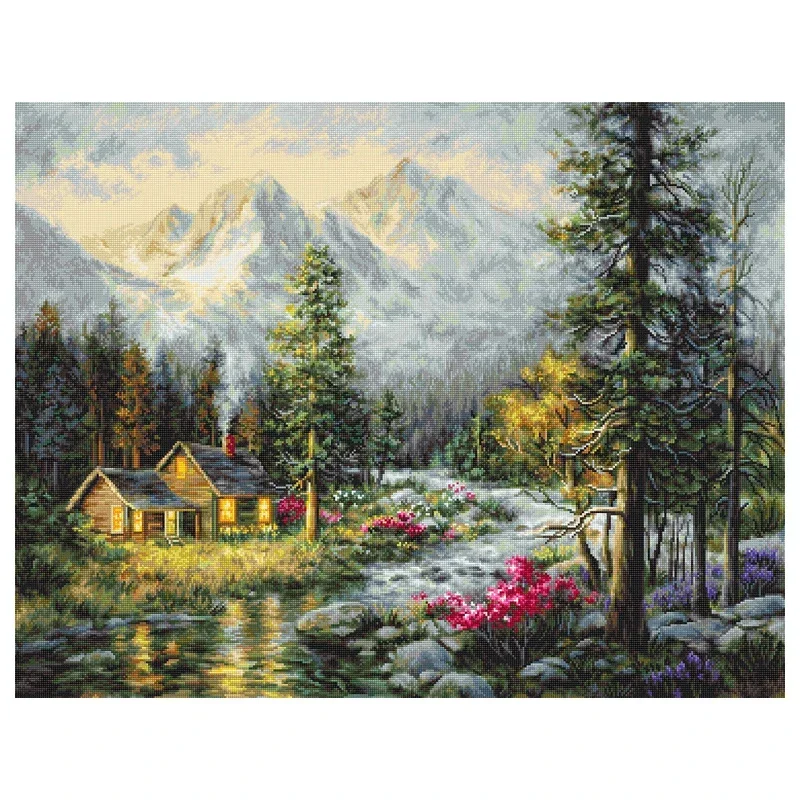 Amishop Top Quality Counted Cross Stitch Kit Mountain Cottage Village Creek Forest Log Cabin Luca-S B610