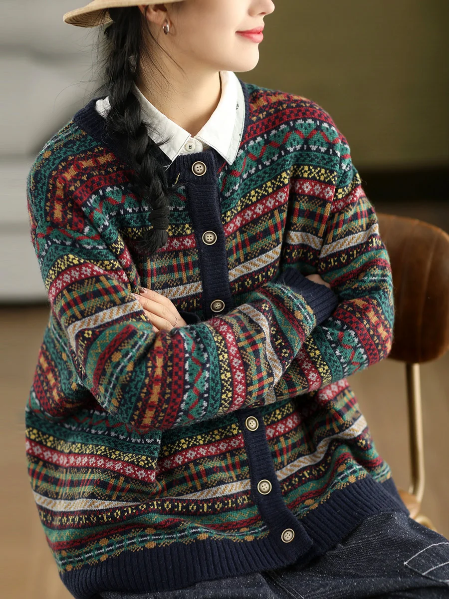 

High Quali Wool Knitted Cardigan Women's Early Spring Vintage Fair Isle Sweater Open Front Single Button up Top