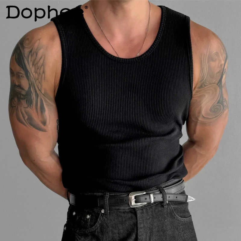 Men's Simple Round Neck Slimming Sleeveless T-Shirts Men's 2026 Summer Sports Fitness Vests Fashion Slim-fit Solid Color Tops