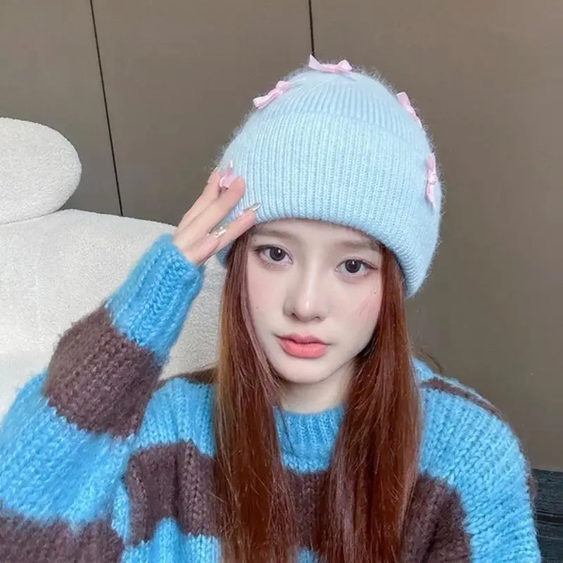 652F المرأة الجمجمة قبعة الوردي الأقواس رصع قبعة كومة بونيه الجمجمة مكبل محبوك قبعة #5