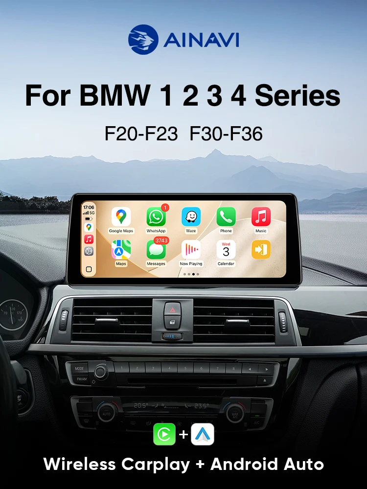 AINAVI Wireless CarPlay Android Auto für BMW 1 2 3 4 Serie F20 F21 F22 F23 F30 F31 F32 F33 F34 F35 F36 NBT 12,3 Zoll Multimedia-Player Infotainment Autoradio Auto-Audio Auto-Display Bluetooth
