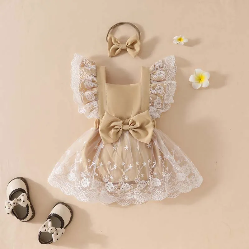 

Summer Baby Girl Clothes 0 To 18 Months Sweet Casual Bow Lace Romper Dresses Hairband Newborn Outfits