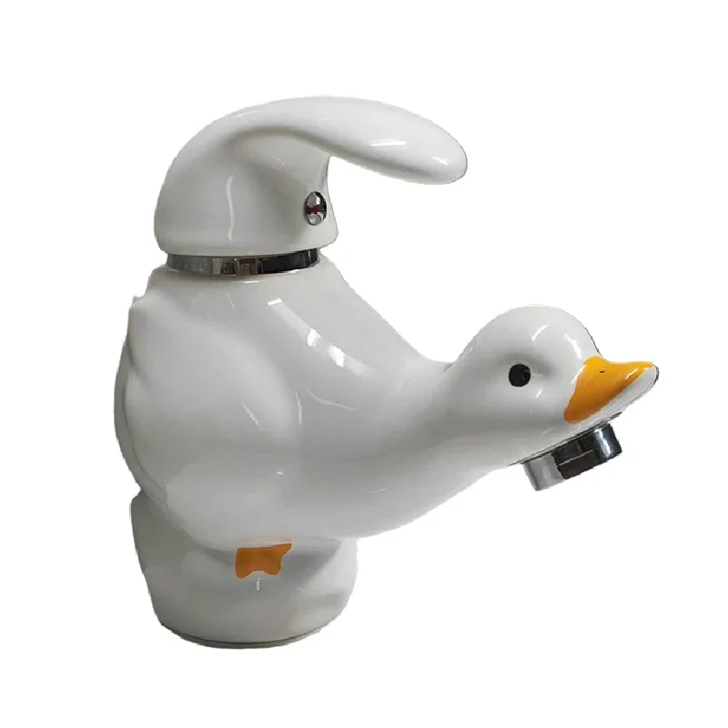 Cartoon Cute White Ceramic Duck Faucet Washbasin Basin Home Wash Basin Hot and Cold Water Faucet Bathroom Decoration Gadgets