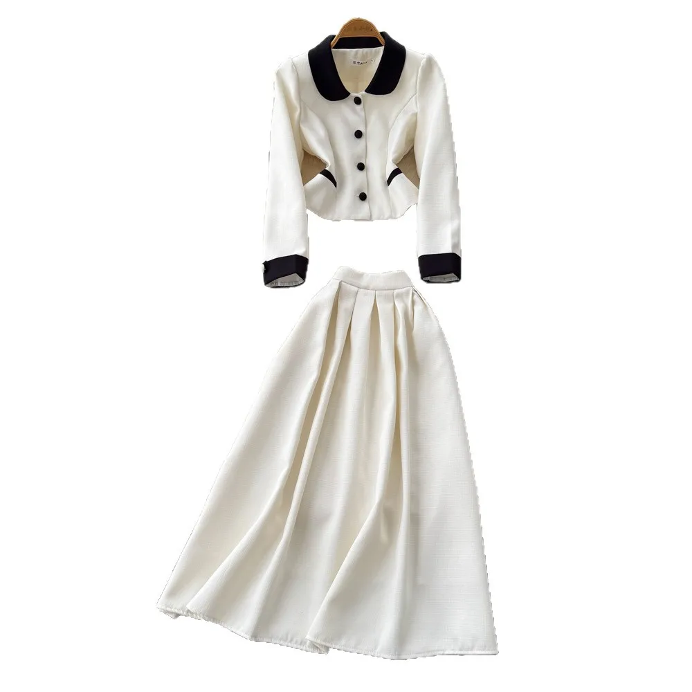 قطعتين تقسم فستان مجموعة ألف خط مجموعات النساء بيتر بان طوق معطف الكاحل طول تنورة فضفاضة أنيقة عادية 2025 ربيع الخريف