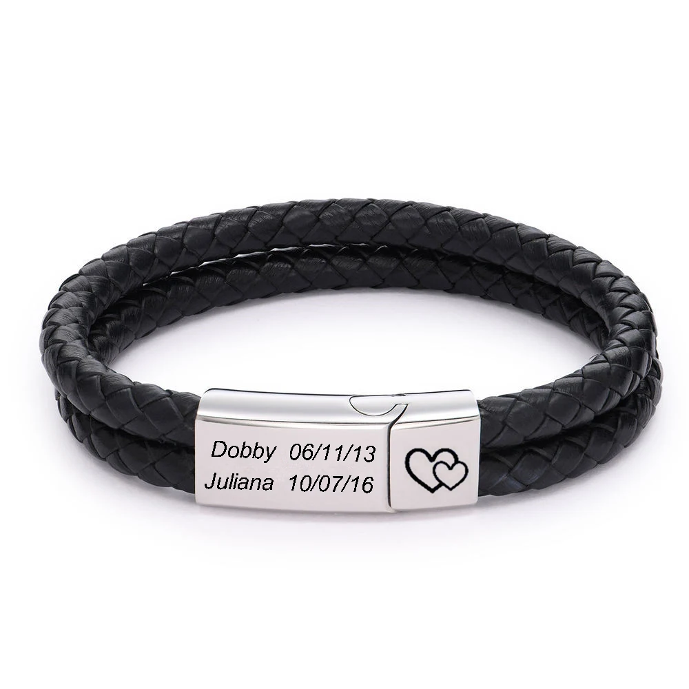 Personalized Bracelet for Men Customized Name Date Black Leather Bracelets Stainless Steel Magnet Buckle Wristband Jewelry Gift