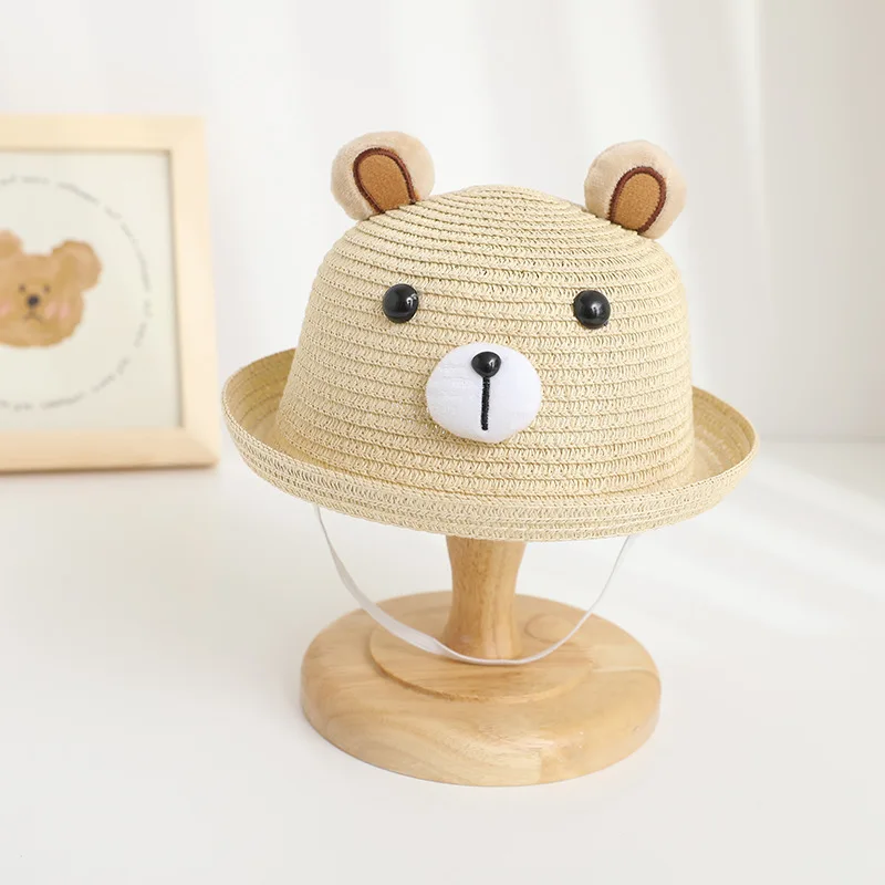 Spring and Summer Children Cartoon Pattern Cute Bear Fashion Simple Girl Out Sun Shade Straw Breathable Fisherman Hat