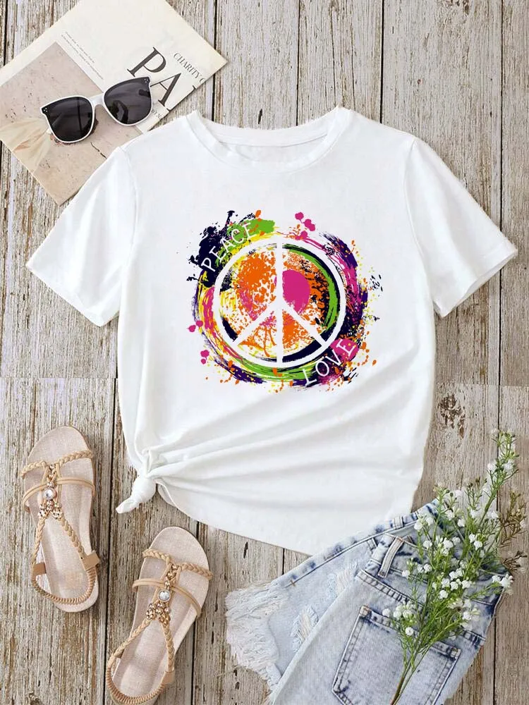 

Maycaur Peace Love T Shirt Summer Women Short Sleeve Leisure Top Tee Casual Ladies Female T Shirts Woman Clothing