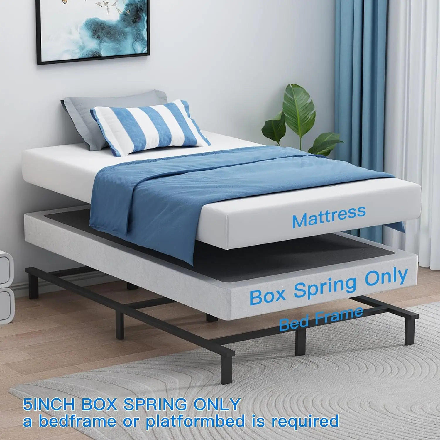 صندوق توأم زنبركي 5 بوصة صندوق زنبركي للسرير المزدوج، 2000 رطلًا مرتبة معدنية شديدة التحمل مع غطاء قماشي سهل التنظيف #3