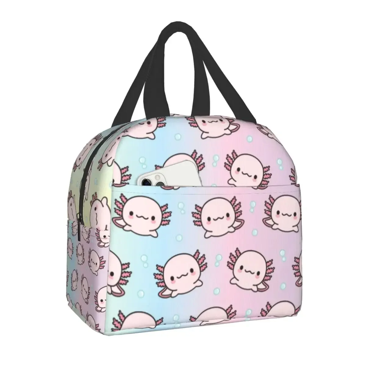 Lancheira isolada para crianças, Cute Axolotls Lunch Bag for School Kids, Saco de piquenique portátil, Refrigerador de alimentos, Saco de viagem