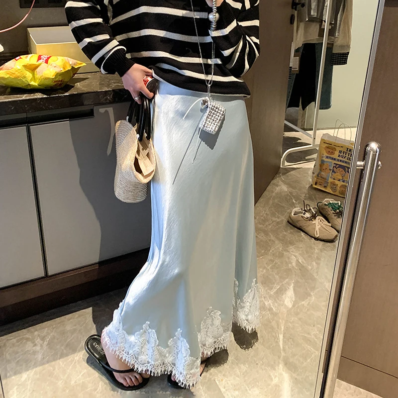 

Tornova Lace Splice Satin Skirt For Women Elegant Slim High Waist Long Skirts Autumn 2025 New Fashion Commuting Party Clothes