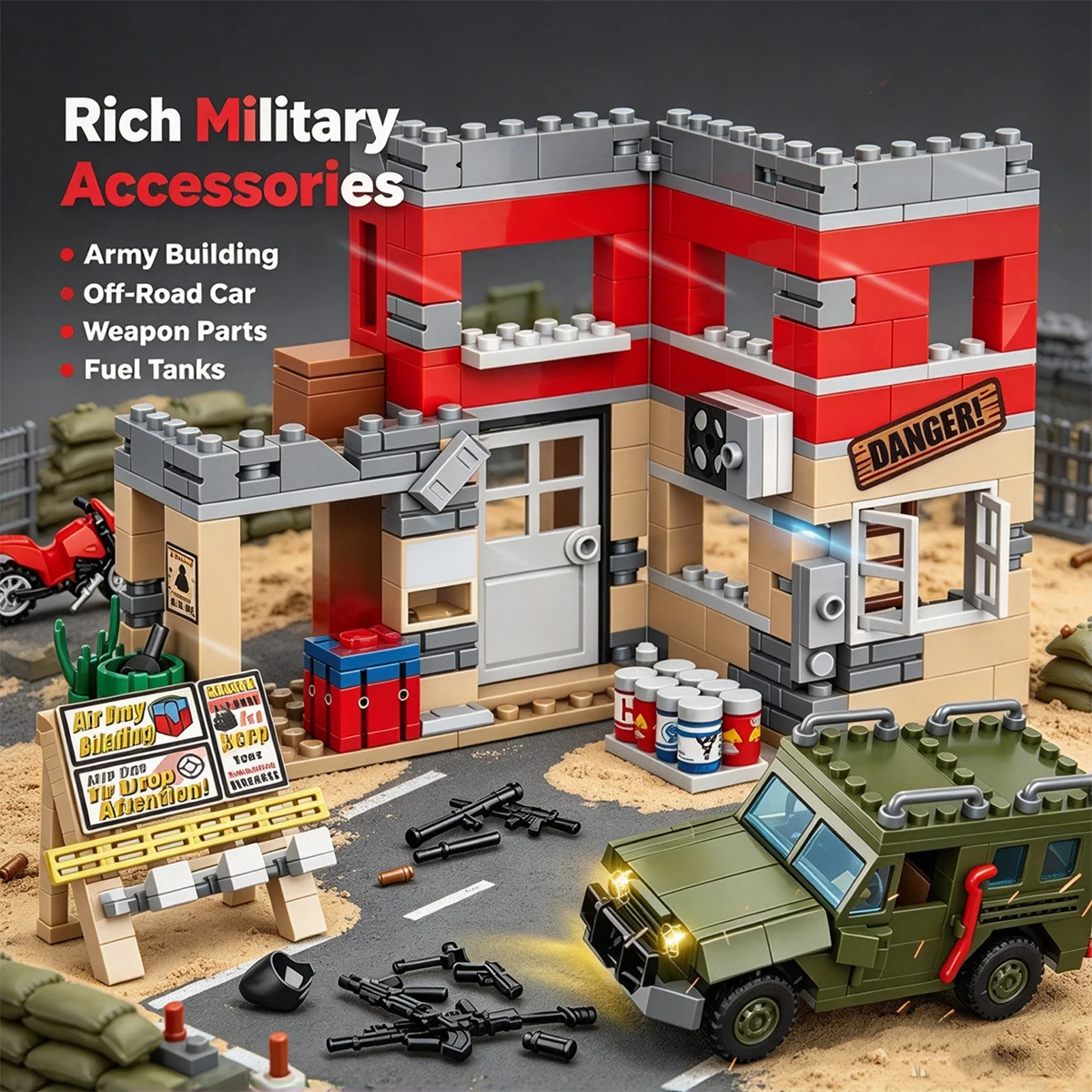 475PCS Military Scene Building Blocks, Army Base Model with Jeep & Motorcycle, DIY Toy, Gift for Boys Teens &Adult Collectors