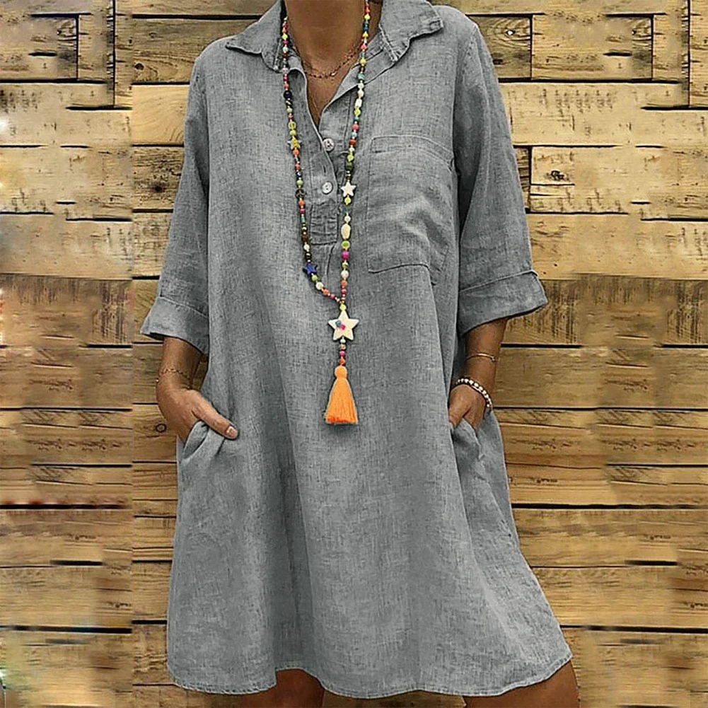Women's Cotton Linen 3/4 Sleeve Shirt Dress Plus Size Sundress Loose Plain Swing Dress In Khaki Green Grey And Black