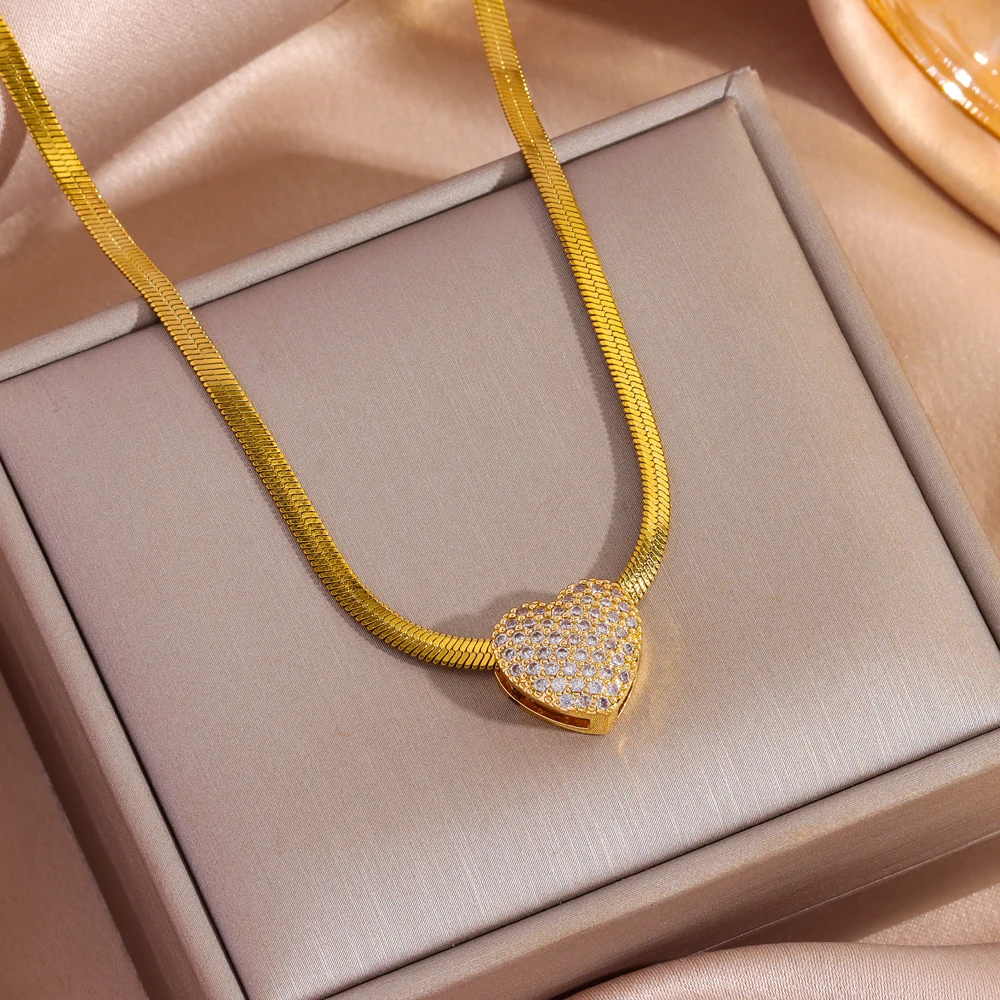 Top Luxury 18K Gold Plated Zircon Crystal Pendant Snake Chain Necklaces For Women Female Stainless Steel Neck Chain Jewelry Girl