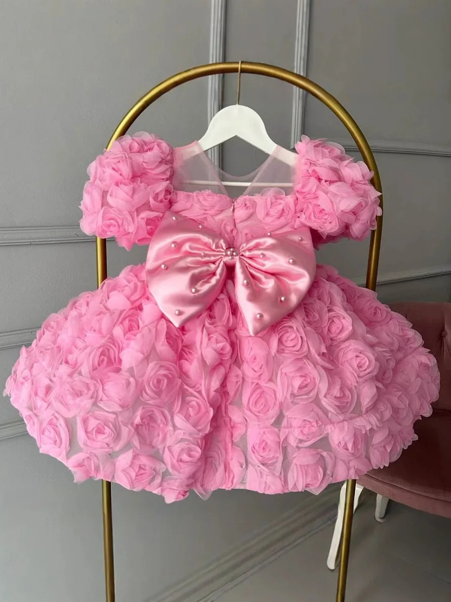 Baby Girls' Dress Wedding Birthday Party new year 2025 Children's Pink Rose Bareback French Princess Sweet Girls' Ball Dress