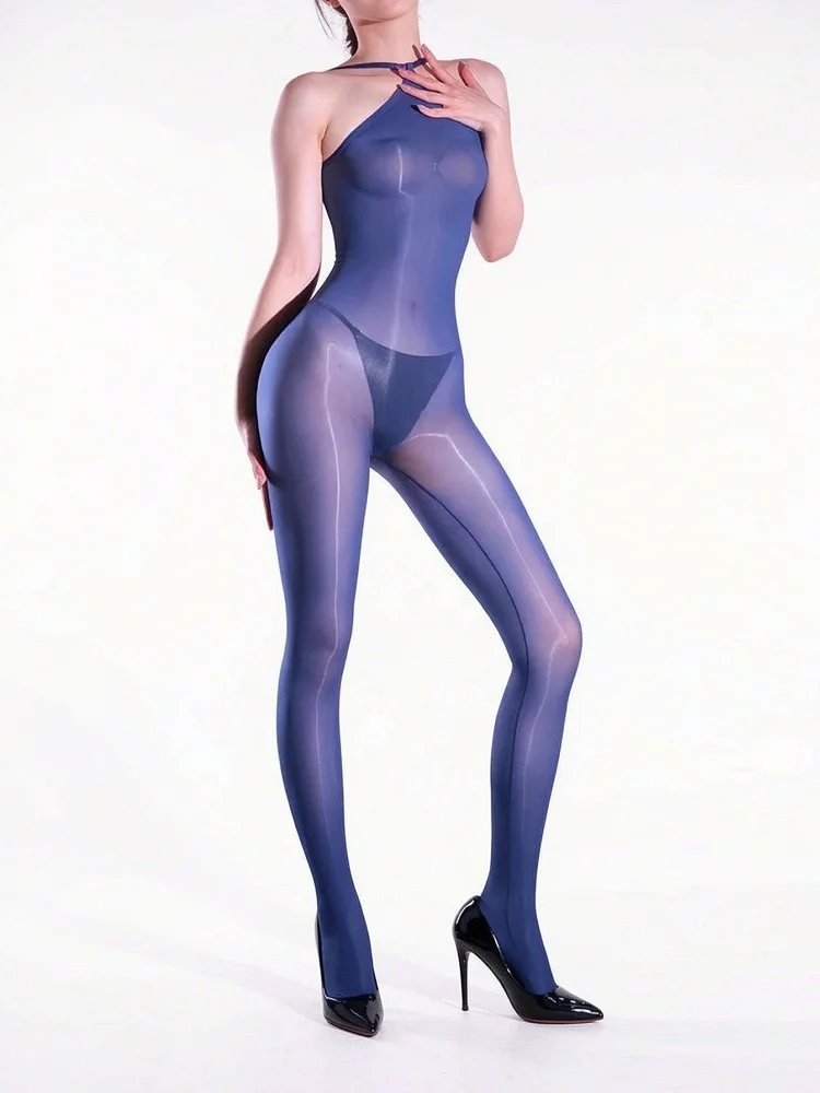 Unisex Open Crotch Halter Bodystocking 640 Pin High Density Oil Glossy Bodysuit Girls Ultra Transparent Yoga Lingerie Pantyhose