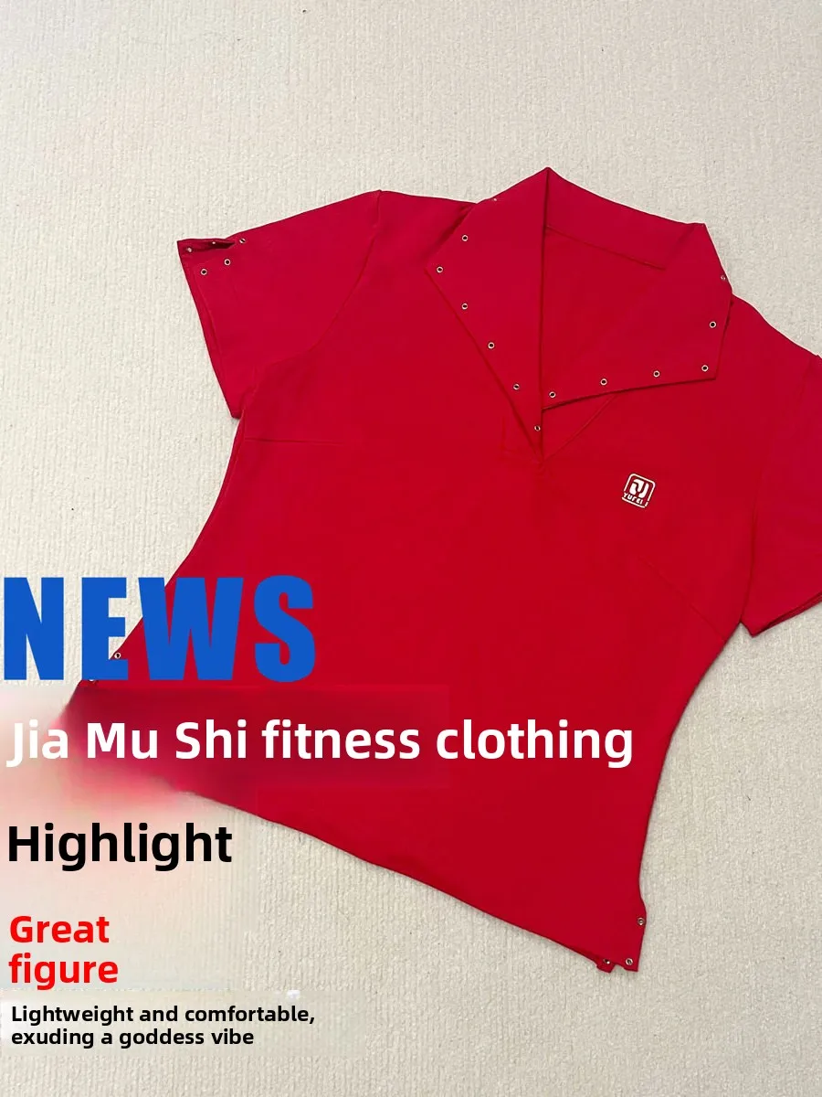 red-shirt-white-pants-collared-outdoor-sports-fitness-summer-thin-set-square-dance-outfit-women's-slim-fit-polyester-short-sl