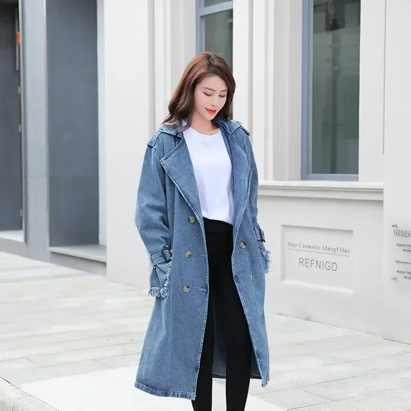 QNPQYX Women's Denim Trench Coat Autumn Double Breasted Belted Casual Jean Overcoat Loose Long Windbreaker Jacket Couple Models