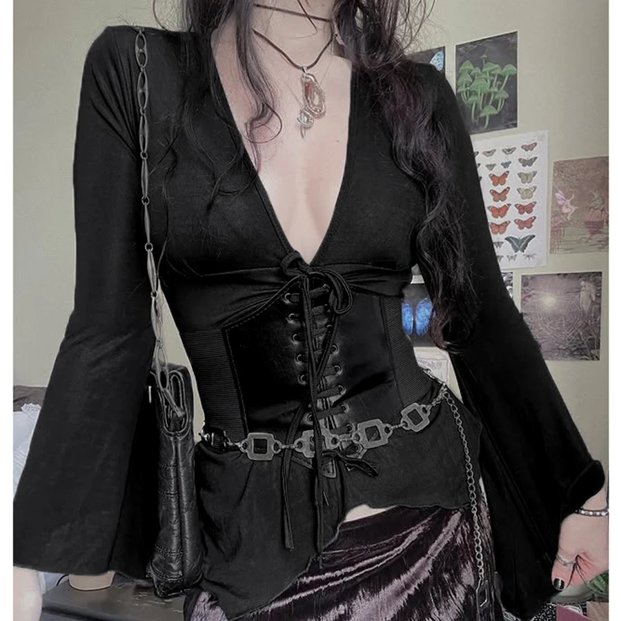 

Women's Black Deep V-Neck Flare Sleeve T-Shirt Soild Color Lace Up Slim Fit Elegant Long Sleeve Shirts
