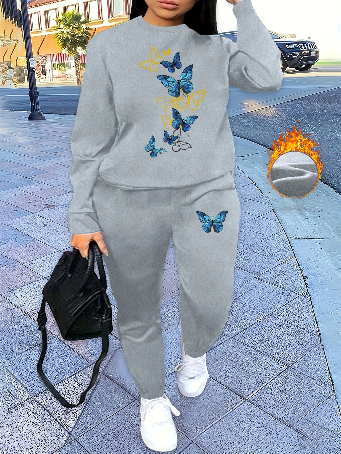 여성용 가을 겨울 힙합 캐주얼 스트리트 패션 나비 그래픽 프린트 라운드 넥 스포츠 셔츠+스포츠 바지 따뜻한 세트