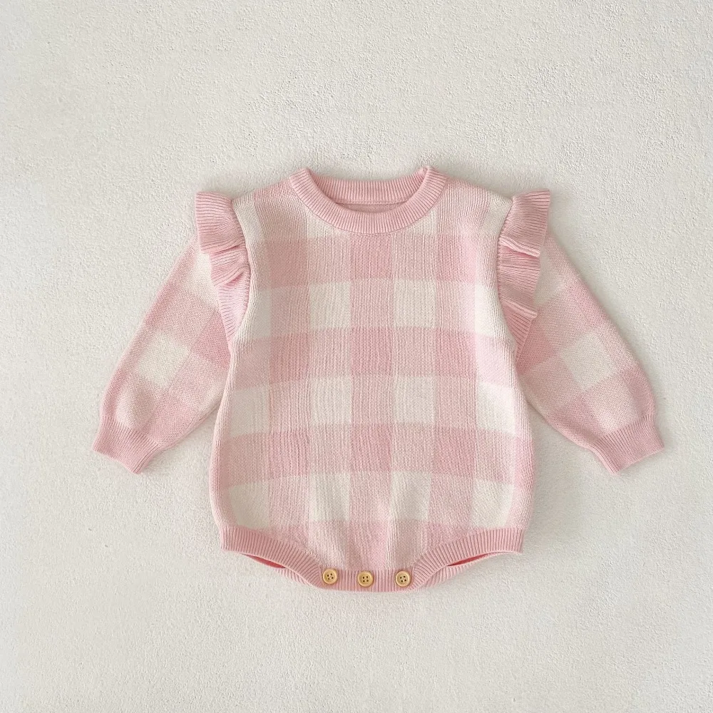 2025 Autumn Newborn Baby Girl Sweater Romper 0-2Years Cute Long Sleeve Knitwear Plaid Bodysuit Outfits Birthday Party Clothes