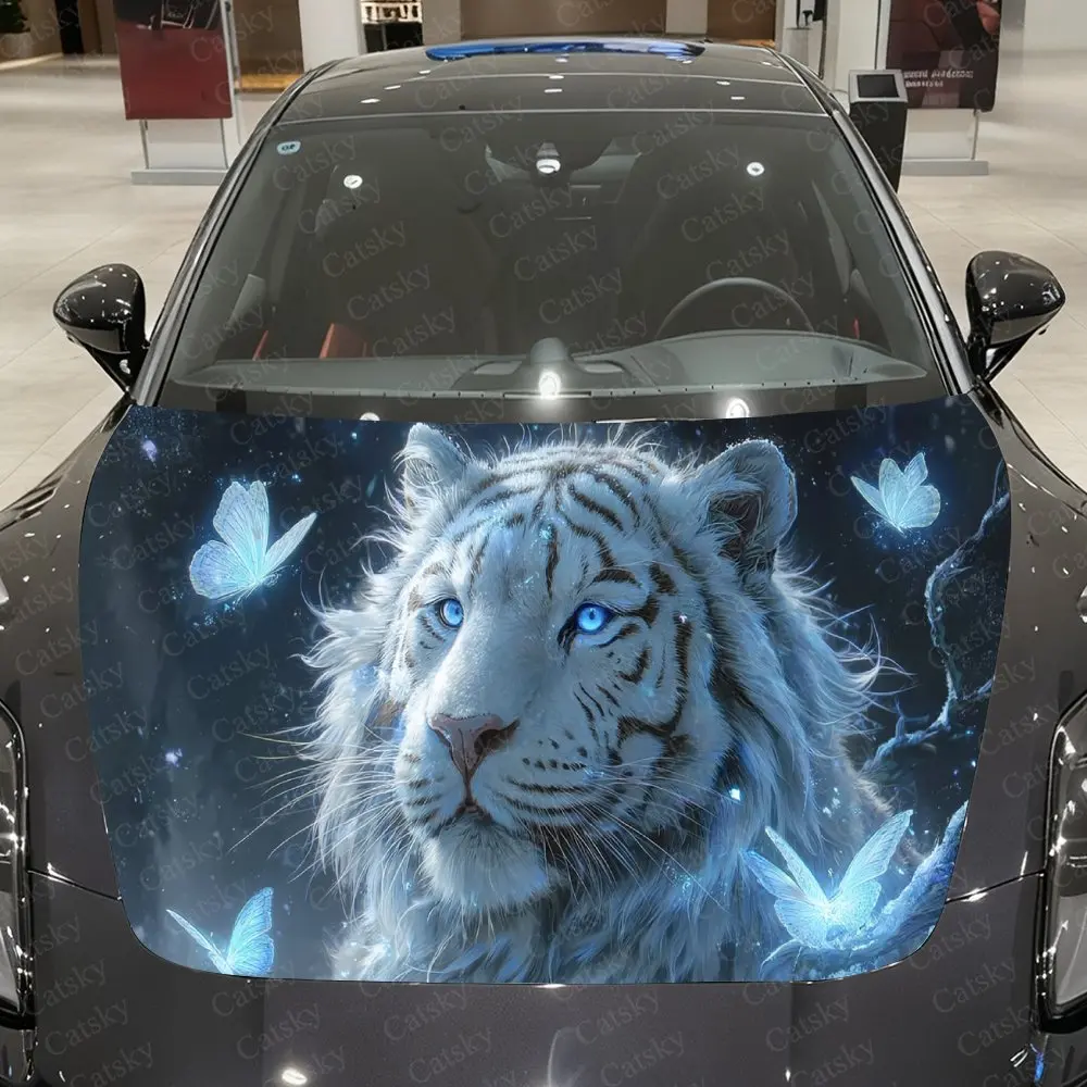 Blue White Tiger and Butterflies Car Vinyl Wrap, PVC Waterproof Car Hood Sticker, Self-Adhesive Scratch-Resistant Stickers