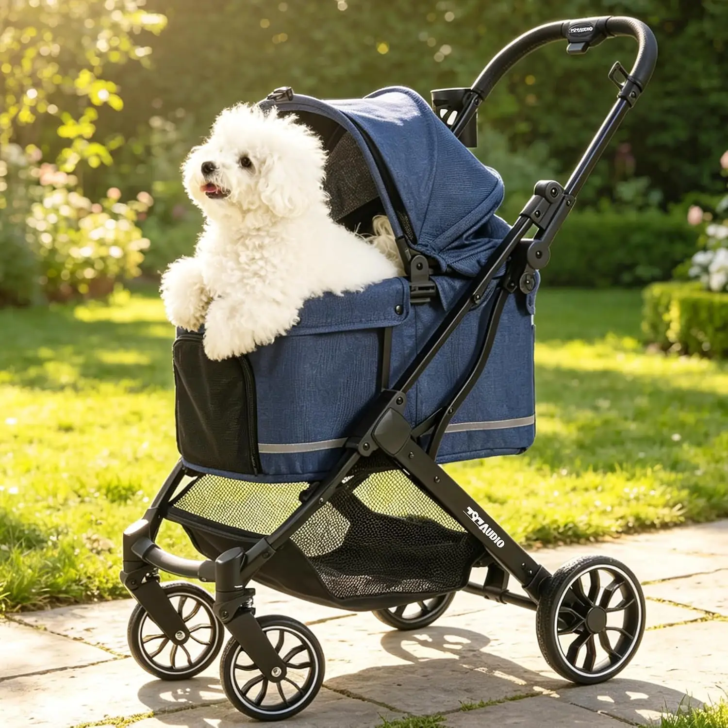 Pet Stroller for Small and Medium Dogs, Cats and Puppies Up to 121 lbs, Foldable Dog Stroller with One-Click Folding, 4-Wheel Shock Absorption, Adjustable Canopy and Sun Shades, Removable Washable Pad, Blue