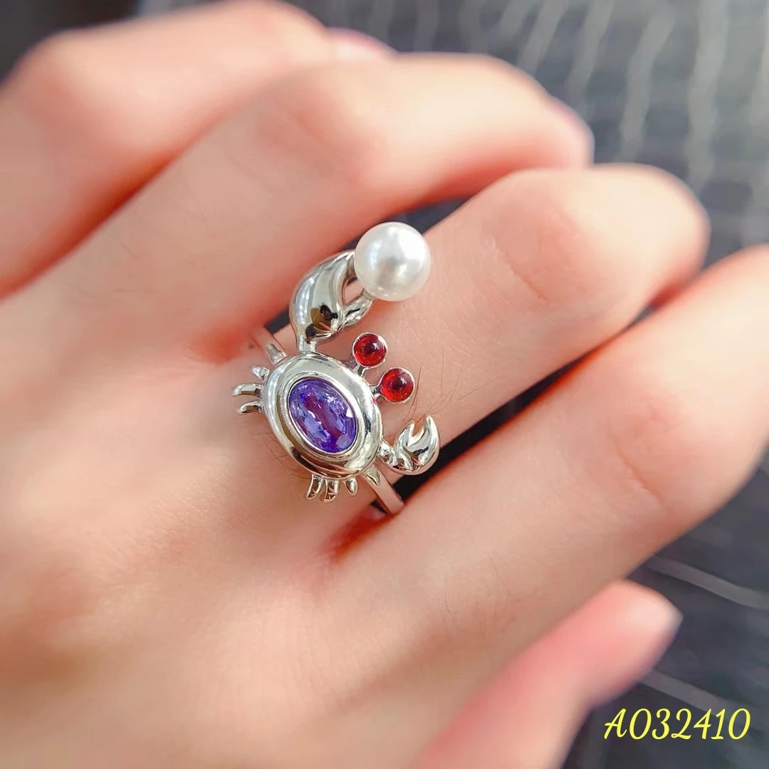 

Natural Tanzanite Crab Shaped Women's Ring S925 Pure Silver Exquisite Inlaid Gem Support Testing Birthday Party Wedding Gift