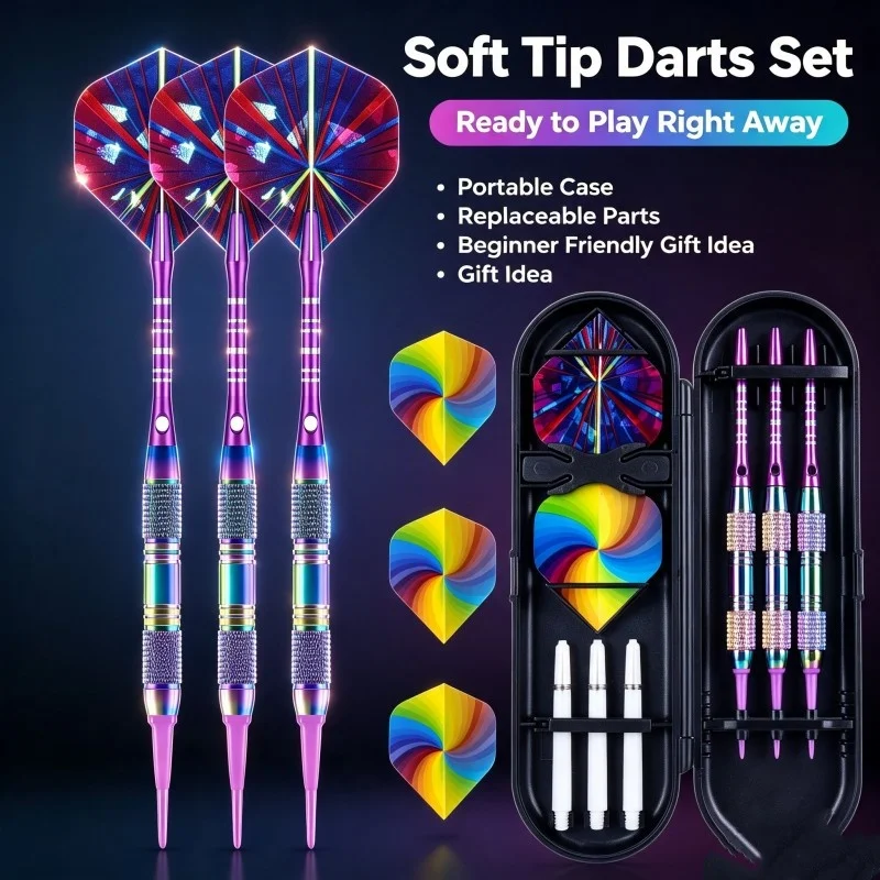 Farbig Beschichtetes Soft-Tip Dart-Set, Ersatzflügel, Schaft, Gummiringe, Harte Schutzbox für Anfänger & Tägliches Training