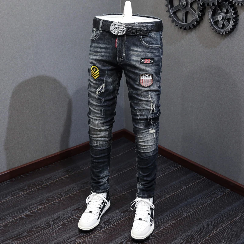 Street Fashion Men Jeans Retro Black Gray Elastic Slim Ripped Jeans Men Vintage Trousers Patches Designer Hip Hop Pants Hombre