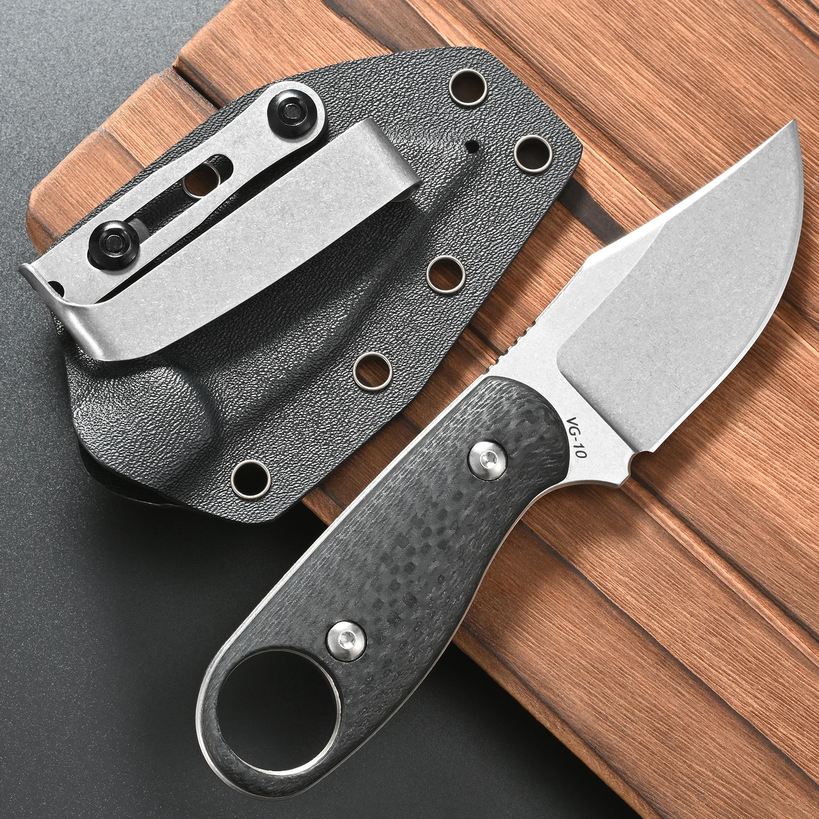 

FF124 Straight Knife VG10 Stonewashed Steel Carbon Fiber Handle Fixed Blade Knife with Sheath for Outdoor Camping Hunting Work