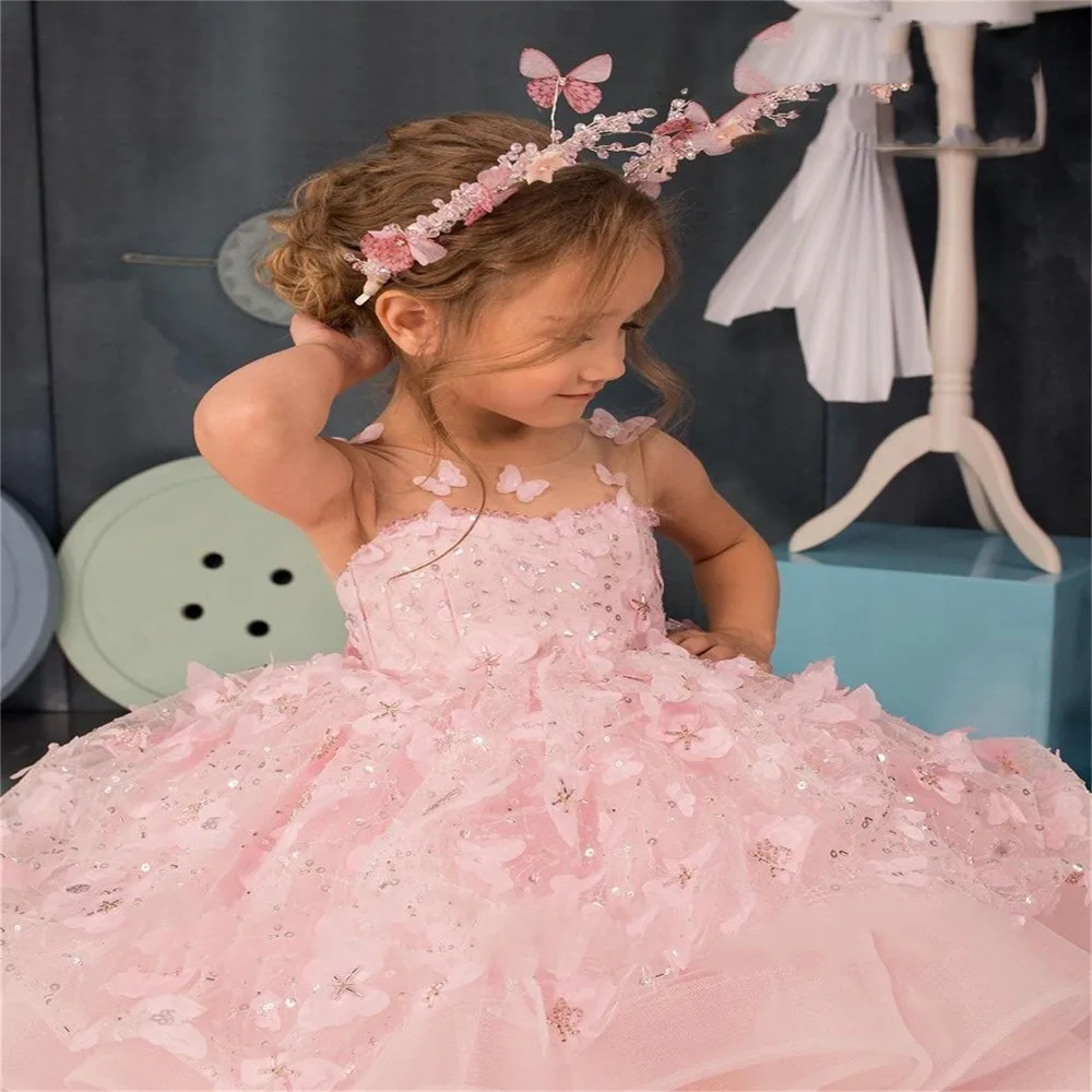 

Pink Puffy Sleeveless Appliqué Flower Girl Dress Pretty Princess Dress First Communion Child Butterfly Children's Clothing