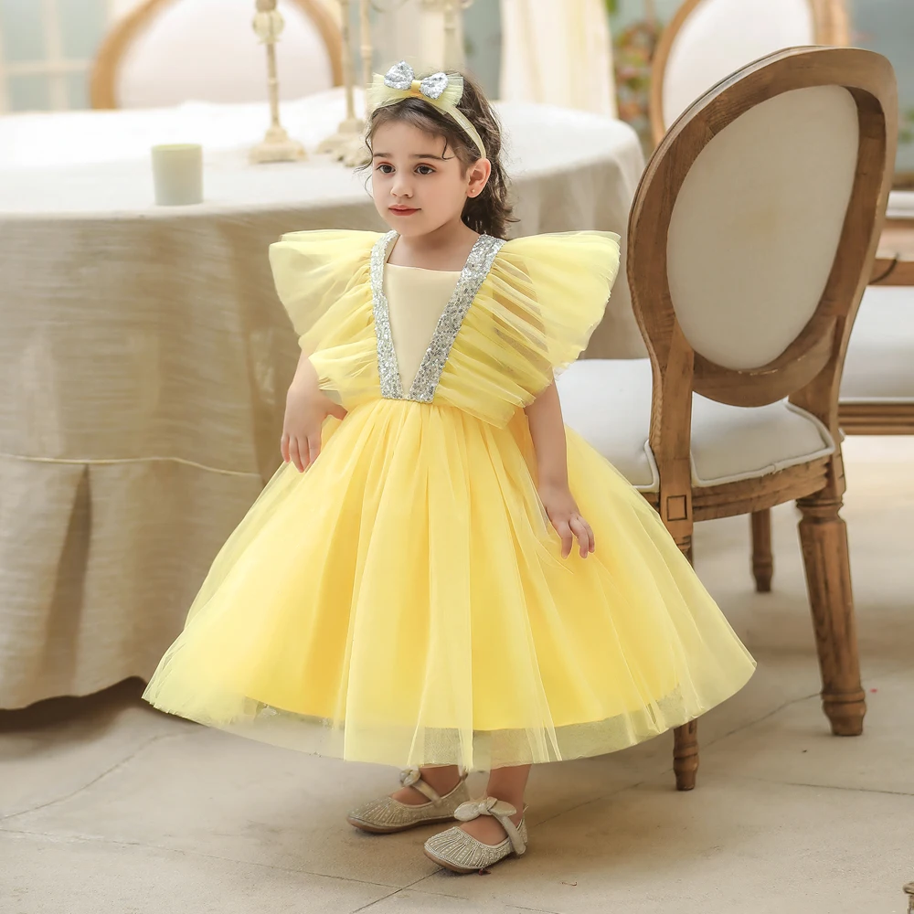 Summer Flower Kids Clothes Children\'s Clothing Bow Puffy Pageant Sequin Baby Girl Dress  Fancy Wedding Gown 0-5 Years Costume