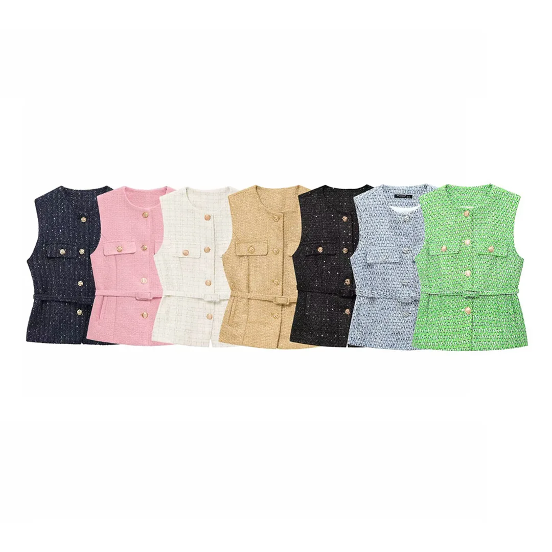 

2025 Summer Women's New Women's Short Tank Top Retro Style Fashion Hundred Matching Belt Metal Thread Texture Tank Top