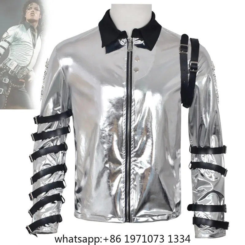 MJ Michael Jackson cosplay costume, Michael performance costume, silver leather jacket, Halloween stage performance costume