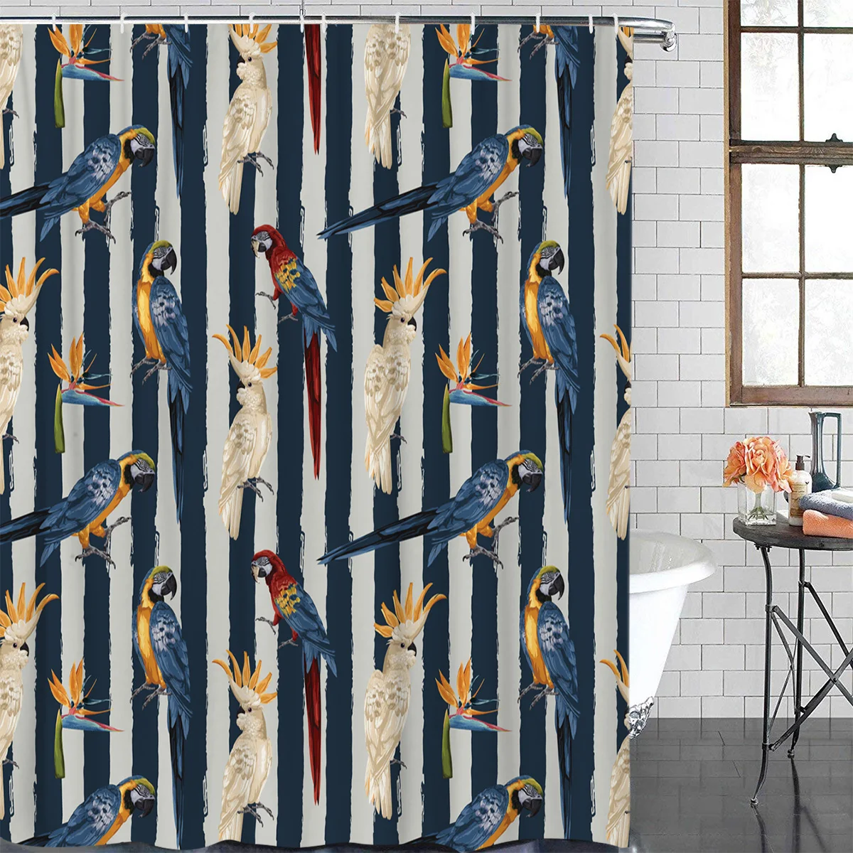 Parrot Bird Of Paradise Blue And Gray Stripes Waterproof Shower Curtain Printed Bath Curtains Bathroom Decoration Accessories