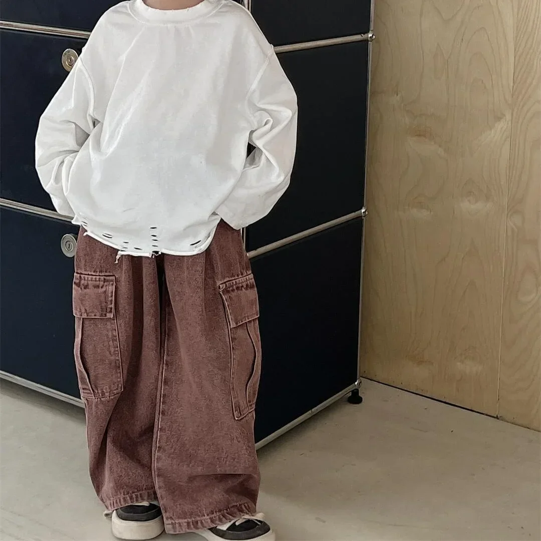 Childrens Pants 2024 Autumn American Retro Street Red Work Solid Color  Wide Leg Boys Handsome Kids Pants