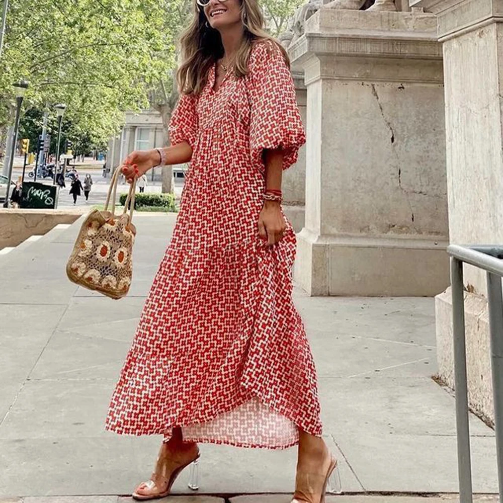 Robe maxi bohème à manches bouffantes pour femmes, vintage, élégante, mode décontractée, imprimé floral, col en V, adt, dames, vacances, plage, fête, éducatif