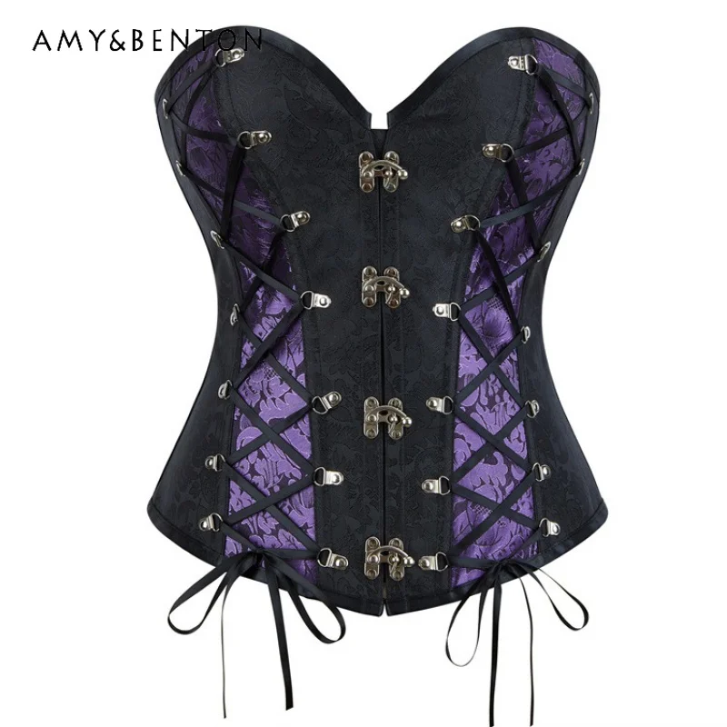 

2025 Summer New European American Retro Court Women's Corset Punk Chain Gothic Halloween Sexy Sweet Cool Fishbone Clothes Ladies