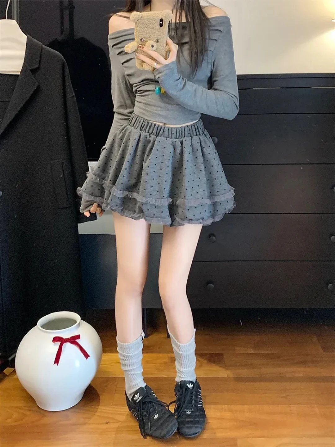 

Женская юбка больших размеров с высокой талией, А-силуэт, с цветочным кружевом и в горошек, осенне-зимняя, новая, утягивающая, средней длины